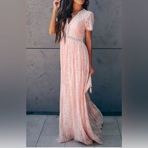 Boho lace v neck short sleeve maxi feminine romantic wedding party dress size S